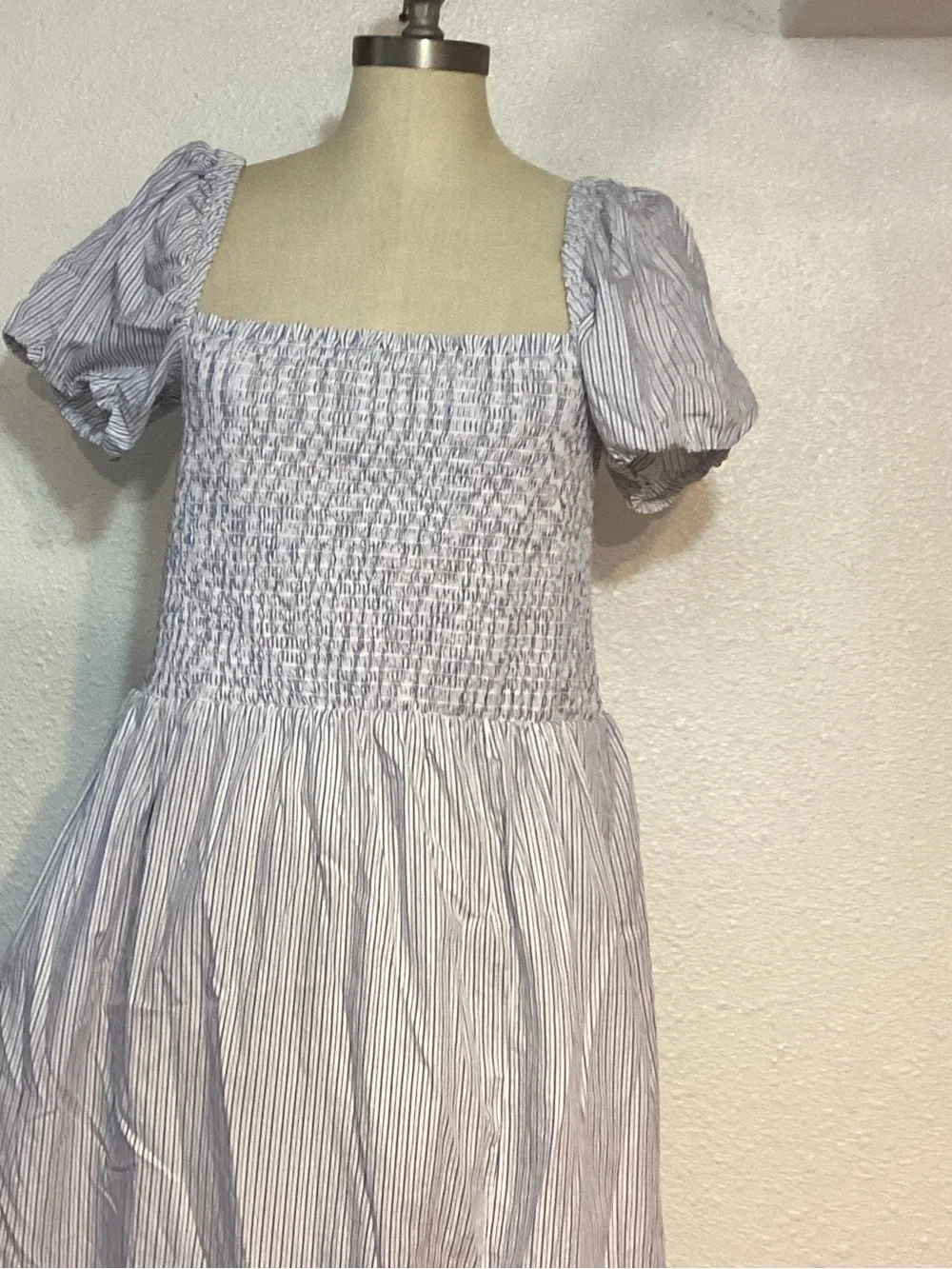 J. Crew women’s Smocked Square-Neck Midi Light Blue Stripe dress size XL